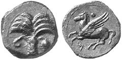 ANCIENT COINS GREEK COINAGE Carthage No.: 4200 Schätzwert/Estimate: CHF 100.- d=16 mm Aes 410/310, Sicilian mint. Palm-tree with fruit. Rev. Pegasus flying l., dot above, letter below. 2,56 g. SNG Cop