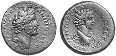 ANCIENT COINS ROMAN EMPIRE Antoninus Pius and Marcus Aurelis. No.: 4239 Schätzwert/Estimate: CHF 350.- d=34 mm Large-Aes, Cyprus. Laureate bust of Antoninus Pius r. Rev. Draped bust of Marcus Aurelius