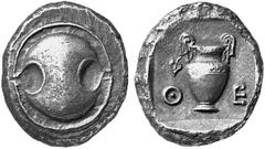 THE LAKEVIEW COLLECTION OF ANCIENT COINS GREEK COINAGE Boeotia Thebes. No.: 5526 Schätzwert/Estimate: CHF 400.- d=24 mm Stater 395/387. Boeotian shield. Amphora with ivy-leaf between Q- E. 12,08 g. SN