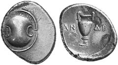 THE LAKEVIEW COLLECTION OF ANCIENT COINS GREEK COINAGE Boeotia Thebes. No.: 5527 Schätzwert/Estimate: CHF 200.- d=28 mm Stater 379/338. Boeotian shield. Amphora between AN - DP. 12,17 g. SNG Cop. 315.