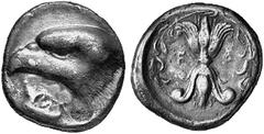 Ancient Coins from other Consignments GREEK COINAGE Elis-Olympia No.: 4322 Schätzwert/Estimation: CHF 5000.- Stater c. 410. Eagle's head to l. over poplar leaf with artist's signature DA (perhaps Daid