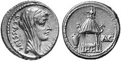 Ancient Coins from other Consignments ROMAN REPUBLIC No.: 4489 Schätzwert/Estimation: CHF 200.- Q. Cassius Longinus. Denarius 55, Rome. Veiled head of Vesta to r. Rev. Temple of Vesta, within curule c