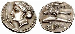GREEK COINAGE Paphlagonia No.: 159 Schätzwert/Estimation: CHF 500.- Sinope. Drachm c. 410/350. Head of Nymph to l. wearing triple pendant earring and pearl necklace, hair in sakkos. Aplustre in l. fie
