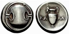 GREEK COINAGE Boeotia No.: 66 Schätzwert/Estimation: CHF 300.- Thebes. Stater 379/338. Boeotian shield. Rev. Amphora between KA – LLI. 12,13 g. SNG Cop. 340. Almost extremely fine.