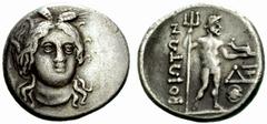 GREEK COINAGE Boeotia No.: 67 Schätzwert/Estimation: CHF 150.- Thebes. Drachm c. 220/200. Head of Demeter with corn ears in hair ¾ facing to r. Rev. BOIWTWN Poseidon standing to r., DE over shield on 
