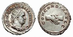 ANCIENT COINAGE ROMAN EMPIRE Balbinus, 238. No.: 5589 Schätzwert/Estimate: CHF 650.- Antoninianus 238, Rome. IMP CAES D CAEL BALBINVS AVG Radiate bust to r., draped and cuirassed. Rev. CONCORDIA AVGG 