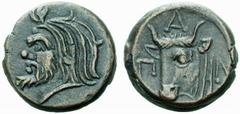 ANCIENT COINS GREEK COINAGE The Tauric Chersonese No.: 520 Schätzwert/Estimate: CHF 150.- Panticapaeum. Aes 4th/3rd century. Head of Satyr to l. Rev. Head of oxen to l. 4,15 g. SNG Cop. 32. Brown pati