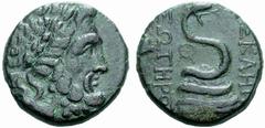 ANCIENT COINS GREEK COINAGE Mysia No.: 532 Schätzwert/Estimate: CHF 150.- Pergamun. Aes c. 180. Laureate head of Asklepius to r. Rev. Serpent around omphalos. 9,06 g. BMC 158. Laffaille 438. Dark gree