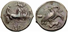ANCIENT COINS THE GREEKS Sicily No.: 1219 Schätzwert/Estimate: CHF 12000 Akragas. Tetradrachm ca. 413/406. Quadriga galloping to r., driver with kentron and reins in his hands being crowned by Nike fl