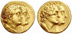 ANCIENT COINS THE GREEKS Ptolemaic Kings No.: 1315 Schätzwert/Estimate: CHF 4000 Ptolemy II, 285-246. Gold tetradrachm, Alexandria. Busts Ptolemy II and Arsinoe II to r. Rev. Busts of Ptolemy I and Be