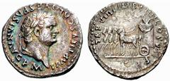 ANCIENT COINS ROMAN EMPIRE No.: 1335 Schätzwert/Estimate: CHF 100 Titus. Denarius 79, Rome. IMP TITVS CAES VESPASIAN AVG P M Head, laureate, to r. Rev. TR P VIIII IMP XIIII COS VII P P Quadriga to l. 