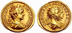 ROMAN GOLD COINS The Empire No.: 1076 Schätzwert/Estimate: CHF 25000 Caracalla, Septimius Severus and Julia Domna. Aureus 202, Rome. Obv. ANTONIN PIVS – AVG PON TR P V Young draped and cuirassed bust,