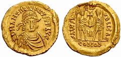 ROMAN GOLD COINS The Empire No.: 1142 Schätzwert/Estimate: CHF 4000 Anthemius, 467-472. Emperor Solidus, Rome. Obv. D N ANTHE – MIVS P F AVG Draped, helmeted bust with spear over r. shoulder. Rev. SAL