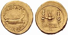 ANCIENT COINAGE SPECIAL COLLECTION OF ROMAN IMPERATORS AND EMPERORS ROMAN REPUBLIC Marcus Antonius. No.: 1211 Schätzwert/Estimate: CHF 30000 Aureus 32/31, military mint (Patrae?) with Marcus Antonius.