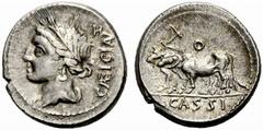 ANCIENT COINS ROMAN COINAGE Republic No.: 57 Schätzwert/Estimate: CHF 150 L. Cassius Caecianus. Denarius 102, Rome. CAEICIAN Draped bust of Ceres with cornwreath to l., control letter H above. Rev. L.