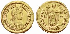 ANCIENT COINS ROMAN COINAGE Empire No.: 125 Schätzwert/Estimate: CHF 400 Valentinianus III, 425-455. Solidus 426/430, Ravenna. Draped and cuirassed bust with rosette diadem to r. Rev. VICTORI – A AVGG