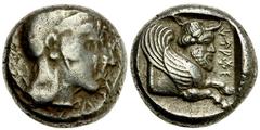 Lot 17.  DYNASTS of LYCIA. Kherei. Circa 410-390 BC. AR Stater (17mm - 8.51 g). Uncertain mint. Helmeted head of Athena right / Forepart of a winged man-headed bull right; all within incuse square. Mø
