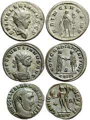 Lot 113.  Lot of Three Roman Issues. Includes the following: Saloninus, as Caesar. Antoninianus. PRINC IVVENT. Saloninus standing left. RSC 61 // Aurelian. Antoninianus. Aurelian and Concordia claspin
