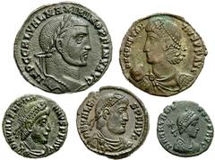 Lot 118.  Lot of Five Late Roman Æ's. Includes the following: Maximinus II. Æ Follis. Heraclea mint. GENIO IMPERATORIS. RIC VI 49a // Constantius II. Æ Centenionalis. Antioch mint. FEL TEMP REPARATIO.