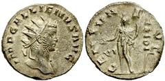 Lot 105.  GALLIENUS. 253-268 AD. AR Antoninianus (20mm - 3.26 g). IMP GALLIENVS AVG, radiate bust right, slight drapery on left shoulder / GENIV A-VG, Genius standing left, holding patera in right han