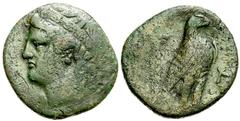 Lot 33.  ELIS. Olympia. Early 30s BC. Æ 2 Assaria (24mm - 9.06 g). Head of Hera left, wearing ornamented stephane / Eagle standing right, wings closed, on thunderbolt; monogram to right. BCD Olympia -