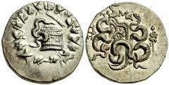 Lot 9.  MYSIA. Pergamon. . AR Cistophoric Tetradrachm (25mm - 12.68 g). Struck circa 92-88 BC. Cista mystica with serpent; all within ivy wreath / Bow-case with serpents; MA above, thyrsos right. SNG 