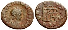 Lot 138.  VALENTINIAN III. 425-455 AD. Æ 13mm (1.28 g). Rome mint. Struck 425-435 AD. D N VALENTINIANVS P F AVG, pearl-diademed, draped and cuirassed bust right / VOT PVB, camp-gate with no doors and 