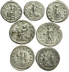 Lot 130.  Lot of Seven Roman AR Issues. Includes the following: Marcus Aurelius. Victory seated left. RSC 326. Nice VF // Septimius Severus. Victory flying left. RSC 454. VF // Severus Alexander. Virt