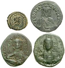 Lot 165.  Lot of Four Byzantine Æ's. Includes the following: Justinian I. Æ Pentanummium. SB 245 // Leo VI. Æ Follis. SB 1729 // Anonymous Follis. Class A3. SB 1818 // Anonymous Follis. Class B. SB 18
