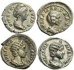 Lot 179.  Lot of Four Roman Denarii. Includes the following: Diva Faustina I. Vesta seated left holding patera and scepter. RSC 119 // Julia Maesa. Fecunditas standing left. RSC 8 // Julia Mamaea. Fel