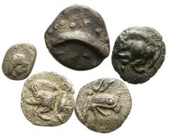 Lot 191.  Lot of Five Greek AR Fractions. Includes the following: Kolophon. Tetartemorion. // Kyzikos Tetartemorion. // Teos. Tetartemorion // Uncertain. 0.23g. Forepart of a boar left / Forepart of a