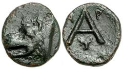 Lot 18.  ARGOLIS. Argos. Circa 4th Century BC. Æ Chalkous (11mm - 1.31 g). Wolf's head left / Large A; A-P flanking, bucranium below. BCD 1056.7 (this coin); BMC 105 corr. Good VF, dark brown patina, 