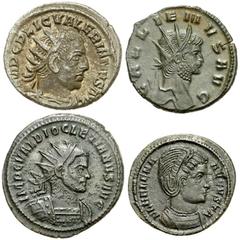 Lot 152.  Lot of Four Roman Issues. Includes the following: Valerian I. Antoninianus. Soldier standing right, holding spear and shield. RIC 255 // Gallienus. Antoninianus. Stag standing right. RIC 179