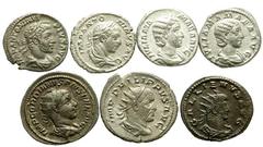Lot 315.  Lot of Seven Roman Issues. Includes the following: Elagabalus. AR Denarius. Elagabalus sacrificing, RIC 191 // Elagabalus. AR Denarius. Felicitas standing left. RIC 150 // Julia Mamaea. AR D