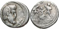 L. Titurius L.f. Sabinus. 89 B.C. AR denarius (18 mm, 3.94 g, 1 h). Rome. [SABIN] behind, bare head of King Tatius right; below chin, palm branch / L TITVRI in exergue, Tarpeia, facing, buried to her 