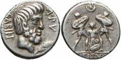 L. Titurius L.f. Sabinus. 89 B.C. AR denarius (17 mm, 3.82 g, 6 h). Rome. SABIN behind, A · PV before, bare head of King Tatius right; below chin, palm branch / [L] TITVR[I] in exergue, Tarpeia, facin