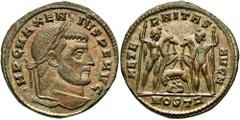 Maxentius. A.D. 306-312. Æ follis (25 mm, 6.83 g, 12 h). Ostia, A.D. 308/9. IMP C MAXENTIVS P F AVG, laureate head of Maxentius right / AETE-RNITAS AVG N, the Dioscuri standing facing, heads turned to