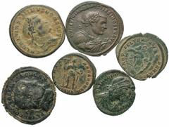 [Roman Imperial]. Lot of six late Roman Æ. Includes: Maximianus, as Senior Augustus. Follis. Antioch // Constantine I, as Caesar. Follis. Antioch // Maximinus II. Follis. Cyzicus // Constantius Gallus