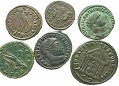 [Roman Imperial]. Lot of six late Roman Æ. Includes: Maximianus. Second reign. Follis. Ticinum. Temple. RIC 84b // Maximinus II. Follis. Cyzicus. Genius. RIC 95 // Maximinus II. Radiate fraction. Alex