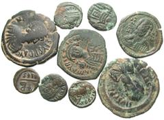 [Byzantine]. Lot of nine Æ. Includes: Anastasius I. Follis. Constantinople (2) // Justin II. 12 Nummi. Alexandria (2) // Tiberius II Constantine. 12 Nummi. Alexandria // Maurice Tiberius. Follis. Nico