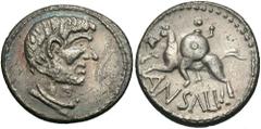 Geto-Dacians, Eravisci. 'Ansali'. 1st century B.C. AR denarius (18 mm, 3.31 g, 9 h). Bearded male head right, wearing torque / ANSALI, warrior on horseback galloping left, holding round shield. R. Fre