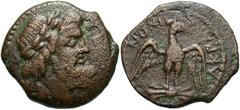 Sicily, Akragas. 213-210 B.C. Æ (22 mm, 7.15 g, 6 h). Laureate head of Zeus right / AKPA[ΓA]NTINΩN, eagle standing facing on thunderbolt, head right, wings displayed. BAR issue 20; CNS 145. Brown pati