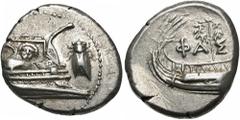 Lycia, Phaselis. 4th century B.C. AR stater (22 mm, 10.30 g, 7 h). Prow of galley right, the fighting platform decorated with a facing gorgoneion; to right, cicada upward / ΦΑΣ, stern of galley left; 