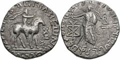 Indo-Parthians. Gondophares-Sases. Early-mid 1st century A.D. BI tetradrachm (23 mm, 9.46 g, 10 h). Taxila. Corrpt Greek legend, Gondophares-Sases seated right on horseback, arm extended; in right fie
