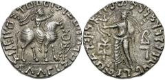 Indo-Parthians. Gondophares-Sases. Early-mid 1st century A.D. BI tetradrachm (23 mm, 9.82 g, 9 h). Taxila. Corrupt Greek legend, Abdagases seated right on horseback, arm extended; in lower right field