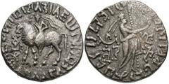 Indo-Parthians. Abdagases. Late 1st century B.C.-early 1st century A.D. BI tetradrachm (22 mm, 9.88 g, 7 h). Taxila. Corrupt Greek legend, Abdagases seated left on horseback, arm extended; in lower le