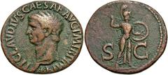 Claudius. A.D. 41-54. Æ as (29 mm, 11.44 g, 6 h). Rome, A.D. 42/3. TI CLAVDIVS CAESAR AVG P M TR P IMP P P, bare head of Claudius left / S C across field, Minerva standing right, wielding spear and ho