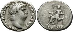 Nero. A.D. 54-68. AR denarius (18 mm, 3.03 g, 6 h). Rome, A.D. 65/6. NERO CAESAR AVGVSTVS, radiate head of Nero right / SALVS in exergue, Salus seated left, holding patera. RIC 60; BMC 90-3; RSC 314. 