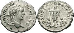 Caracalla. A.D. 198-217. AR denarius (19 mm, 3.24 g, 6 h). Rome, A.D. 207. ANTONINVS PIVS AVG, laureate head of Caracalla right / PONTIF TR P X COS II, emperor standing half-left, head right, holding 