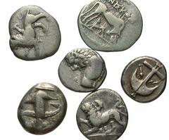 [Greek]. Lot of six AR. Includes: Thrace, Apollonia Pontika. Drachm // Thrace, Cheronessos. Hemidrachm // Illyria, Dyrrhachion. Drachm // Sikyonia, Sikyon. Hemidrachm (2 coins) // Achaemenid Kingdom. 